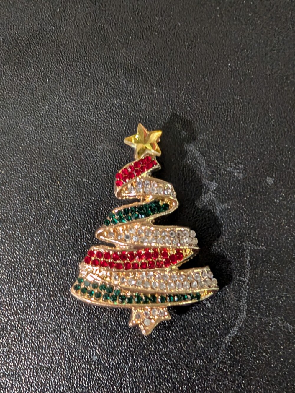 Gold-Tone Christmas Tree Brooch with Red, Green and Clear Crystals